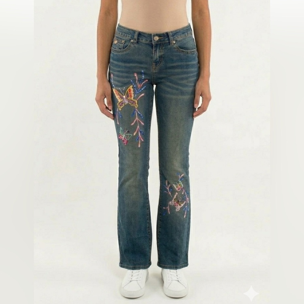 Y2K Buffalo David Bitton Passion Butterfly Embroidered Flare Jeans Size 26